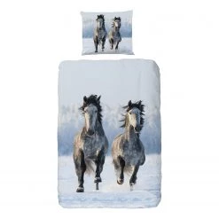 Good morning Parure de lit Snowhorses - Coton - Bleu clair / Gris clair